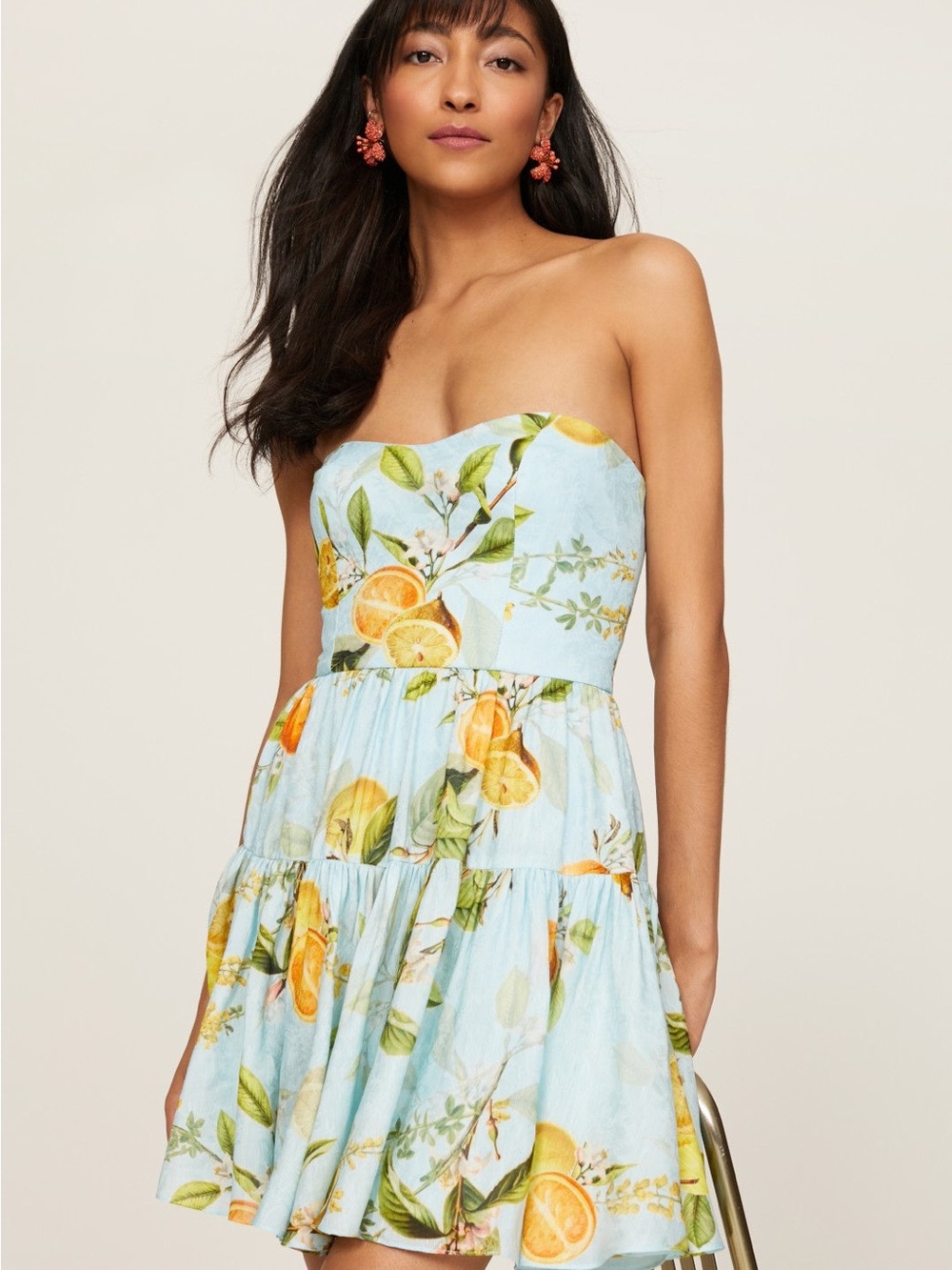 Monique Lhuillier Light Blue Strapless Lemon-Print Mini Dress - Picture 4 of 9